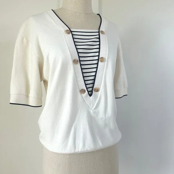 Aileen Petites Vintage Striped Sailor Top XS Short Sleeve Casual Fisherman - Picture 7 of 8